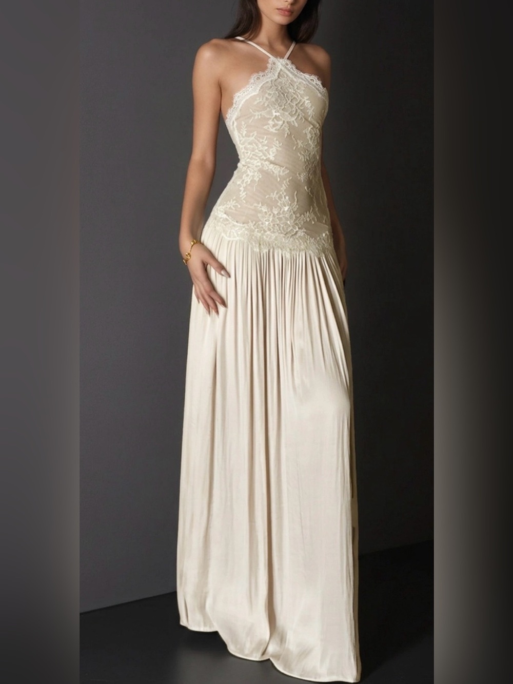 Lace Bodice Drop Waist Maxi Dress